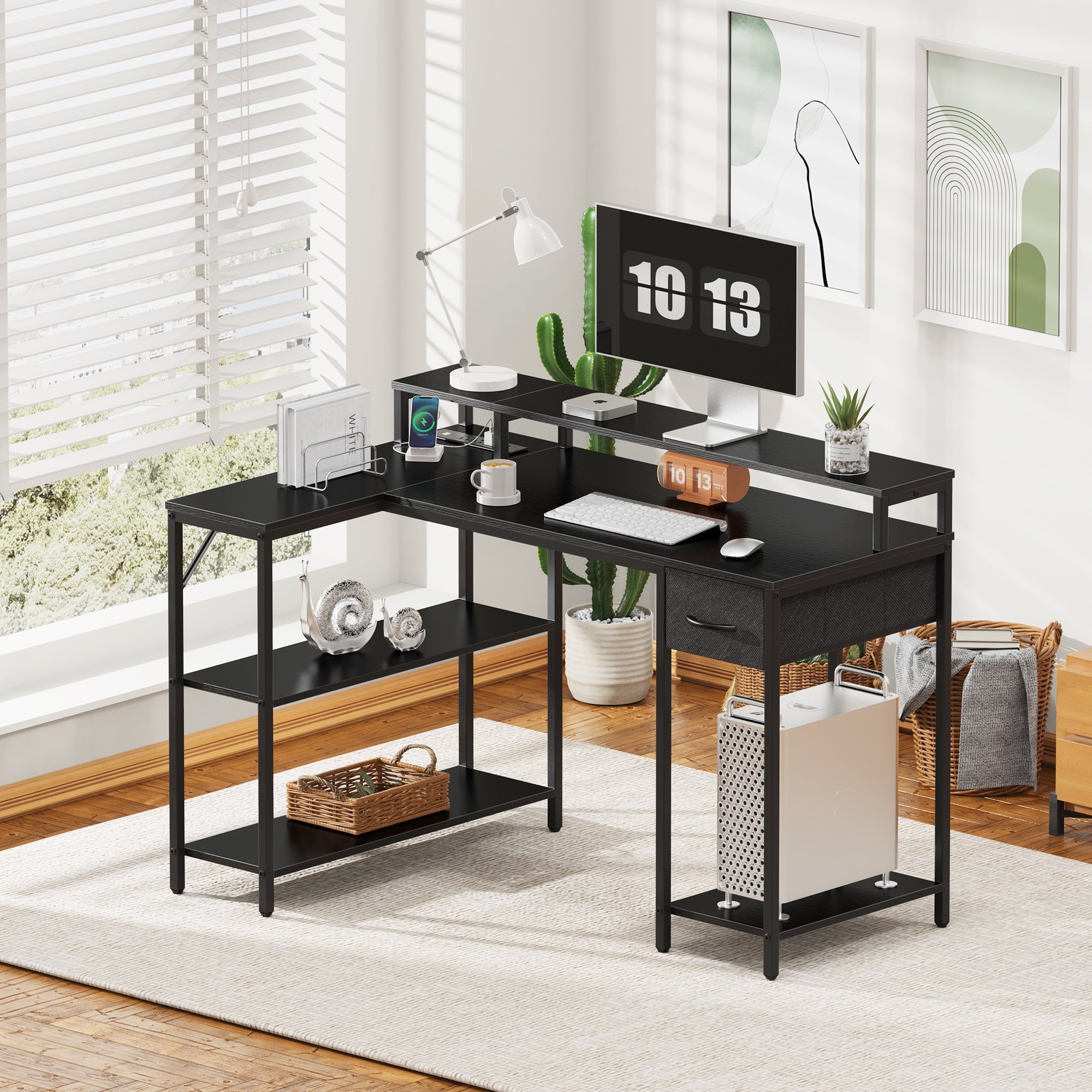 SUPERJARE L-Shaped Computer Desk with LED Lights & Power Outlets, Gaming Desk with Shelves & Drawer, Reversible L Office Desk, Black