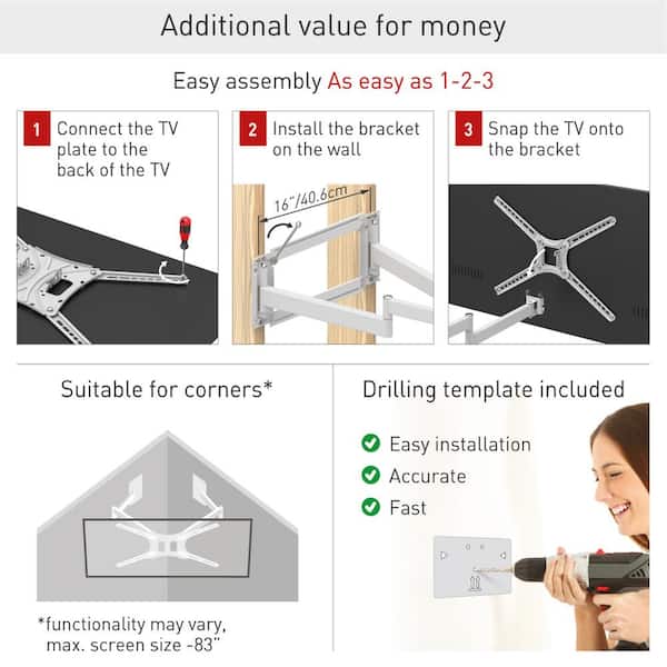 Barkan 13 in. - 80 in. Full Motion - 4 Movement Extra Long Dual Arm Flat/Curved TV Wall Mount White Extremely Extendable