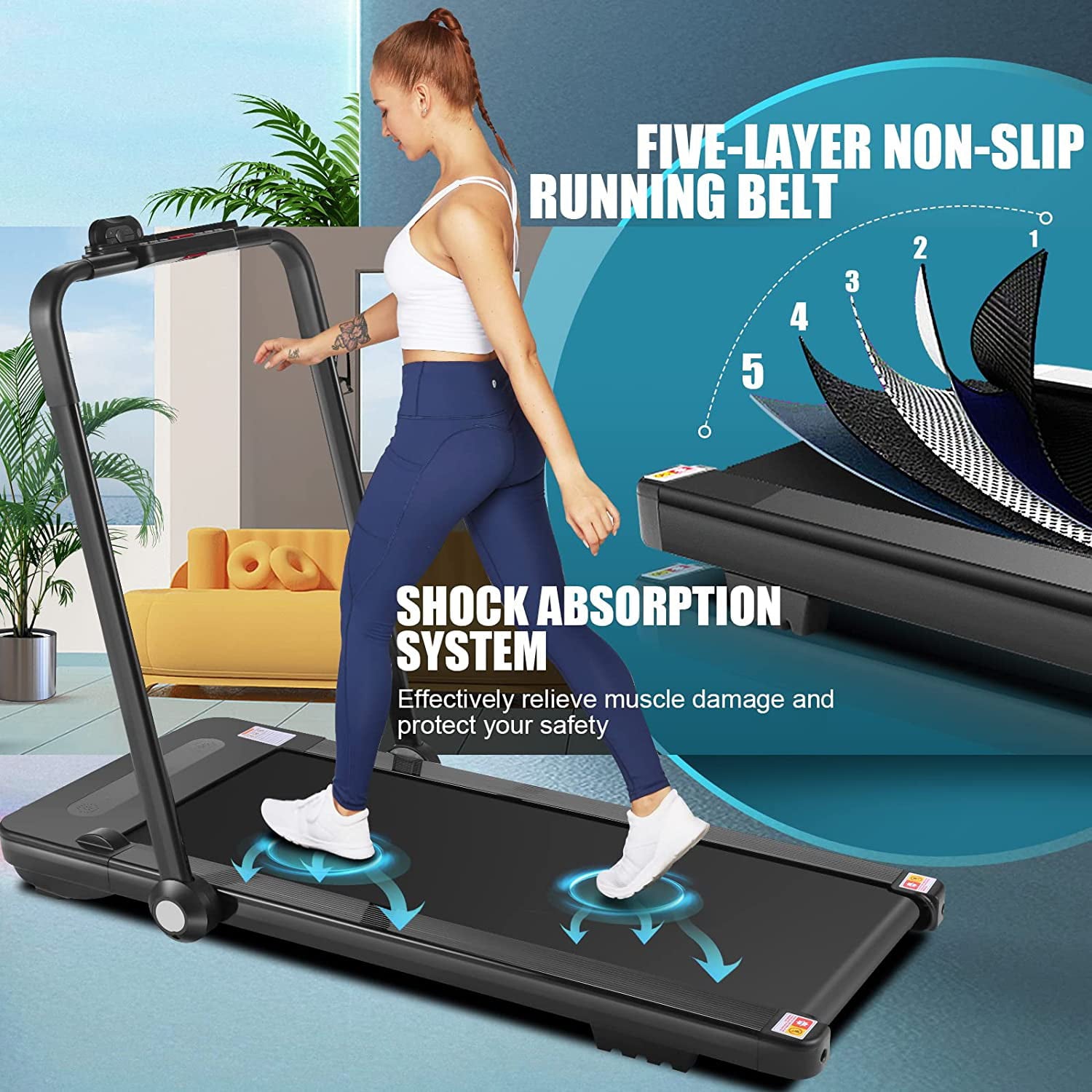 Adnoom Folding Treadmill 2.25HP Under-Desk Treadmill for Home Office Gym Compact Walking Jogging Running Machine with Remote Control,Bluetooth Speaker LED Display, Water Bottle Cage
