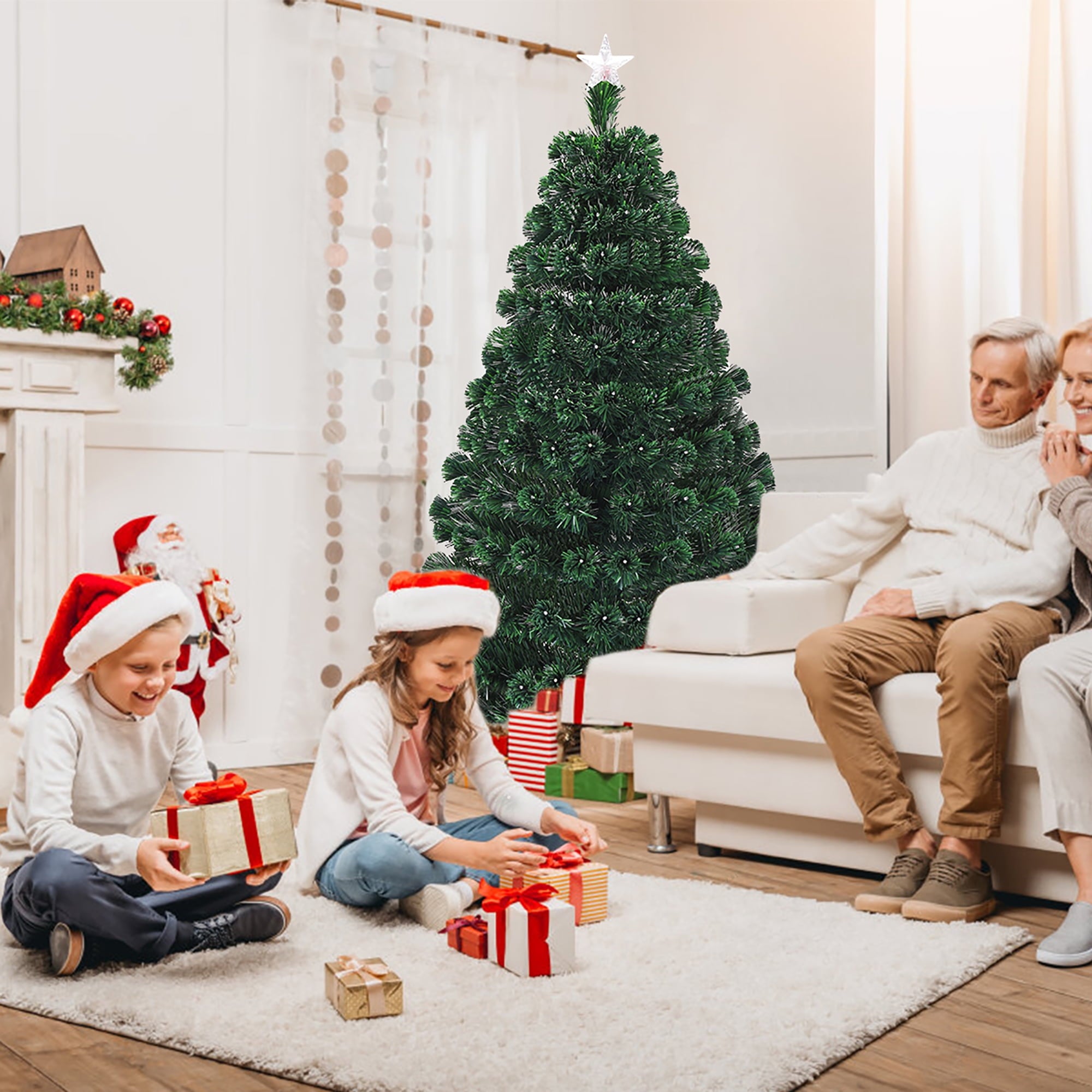 Costway 7'Pre-Lit Christmas Tree Fiber Optic Multicolor LED Lights