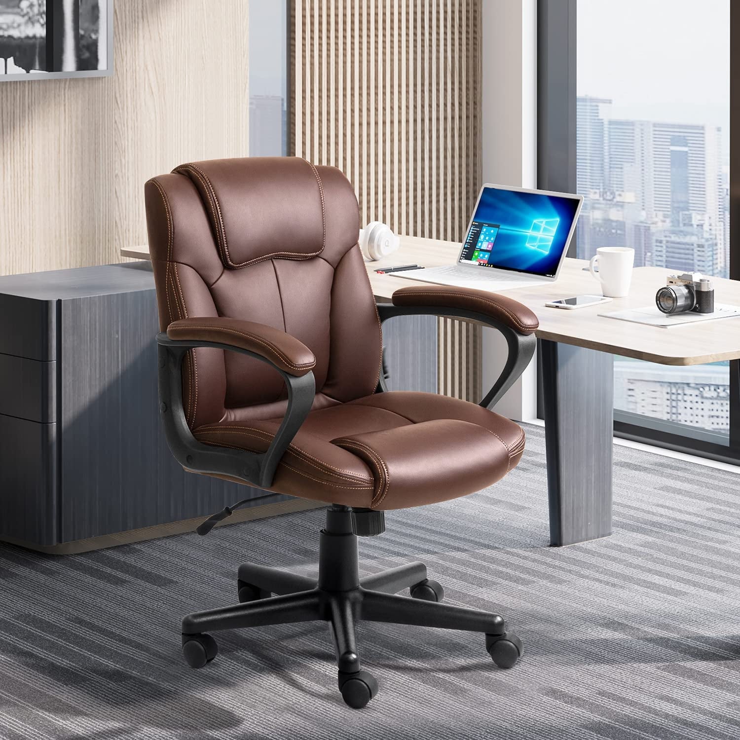 Lacoo Faux Leather Mid-Back Executive Office Desk Chair with Lumbar Support, Brown