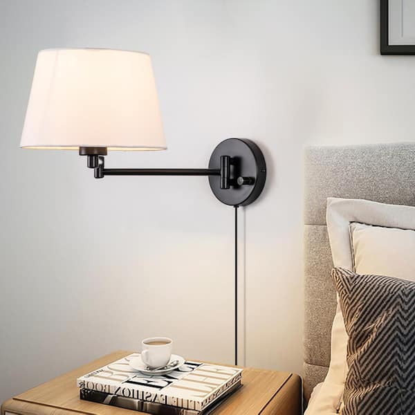 1-Light Black Plug-In Swing Arm Wall Lamp with Linen Shade Set of 2