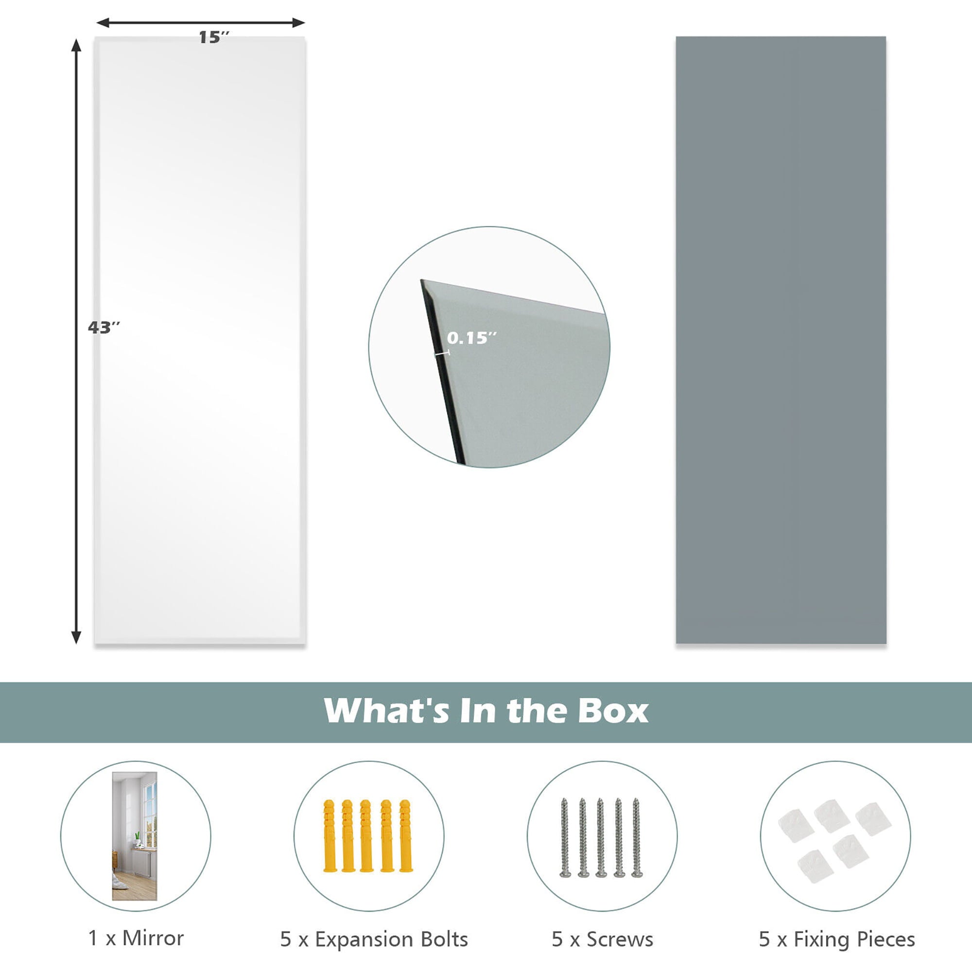 Gymax 43'' x 15'' Wall Mounted Frameless Mirror Full Length Vertically or Horizontally