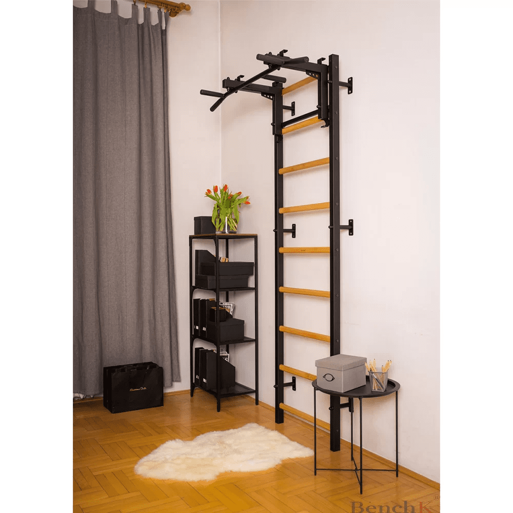 BenchK 731 Black Wall bars with convertible steel 6-grip pull-up bar that can also be used as a barbell holder