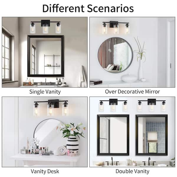22 in. 3-Light Black Vanity Light with Clear Glass Shade