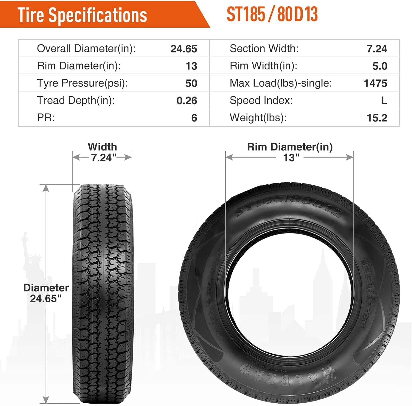 HALBERD  2Pack  Premium Trailer Tires ST185/80D13 6PR Load Range C 13in Fuel-saving Designed Tires ST185 80 13
