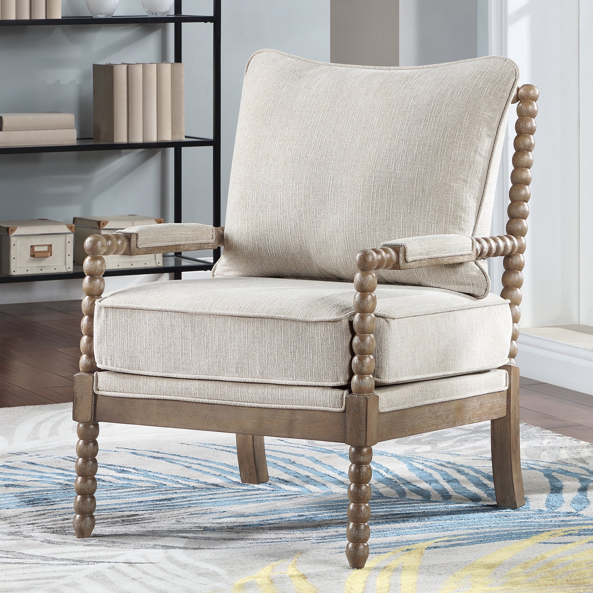 Duhome Upholstered Dining Chair Spindle Spool Accent Chair Linen Fabric Armchair with Wood Frame, Brown+Beige