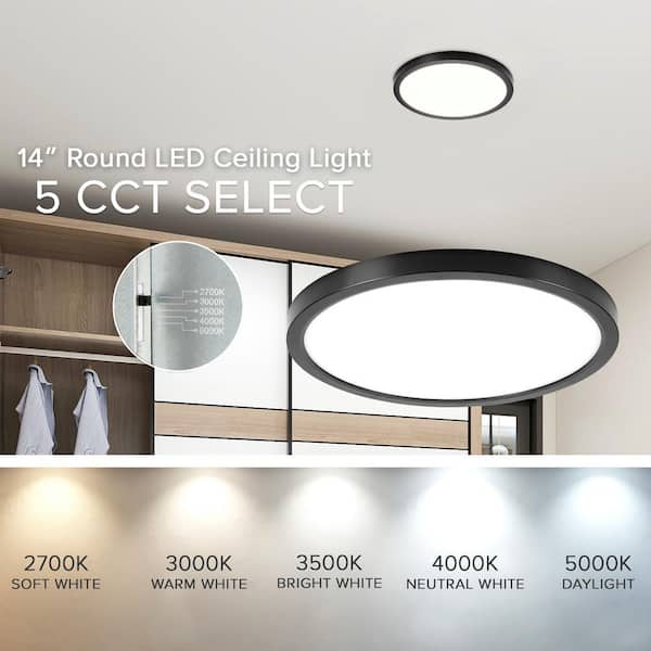 14 in.Black Selectable LED Flush Mount Ceiling Light, 5 CCT  2700K-5000K, 2200 Lumens, Trim Round, Panel Light, Dimmable