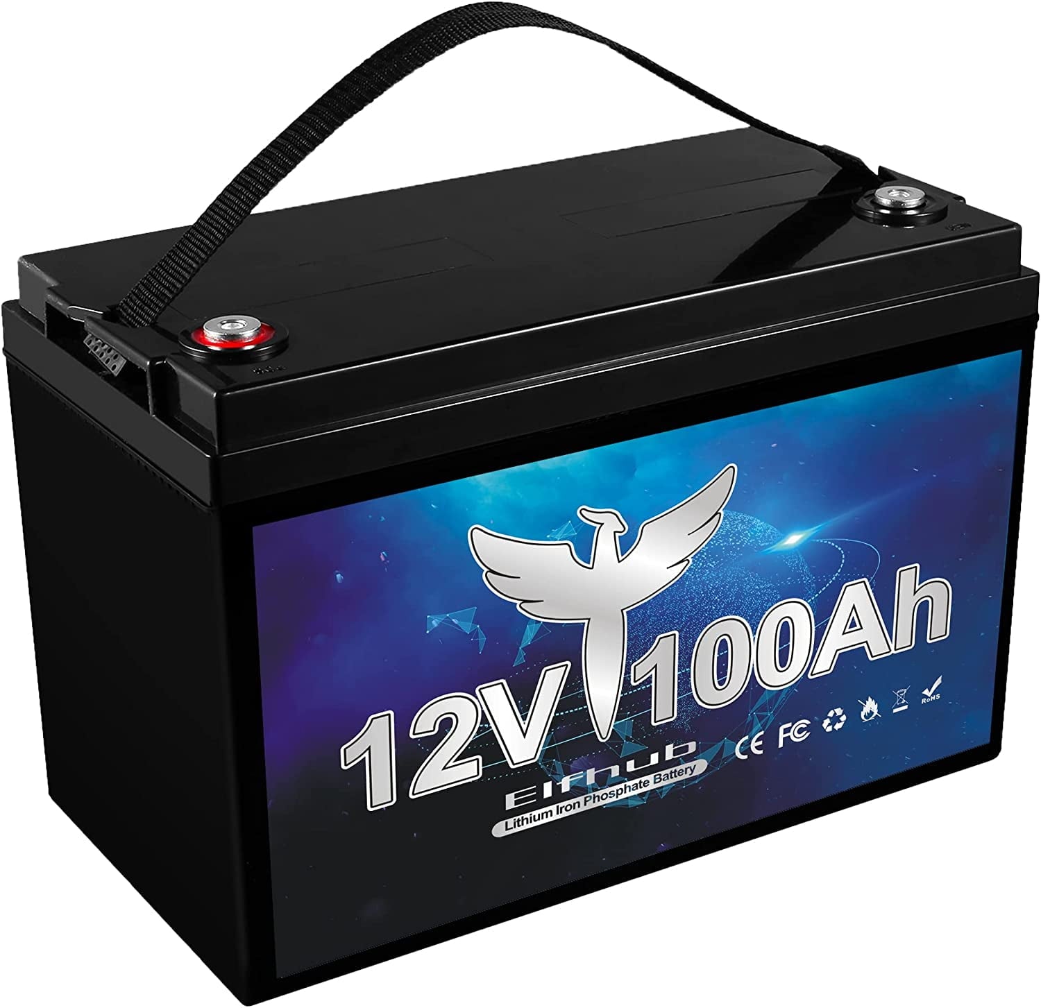 Elfhub 12V 100Ah Lithium Battery, 1280Wh LiFePO4 Battery with 100A BMS, Over 5000+ Rechargeable Cycles. Perfect for RV/Camper, Solar, Off-Grid, Boat, Marine, Trolling Motor, Road-Trip.Support 4S/8P