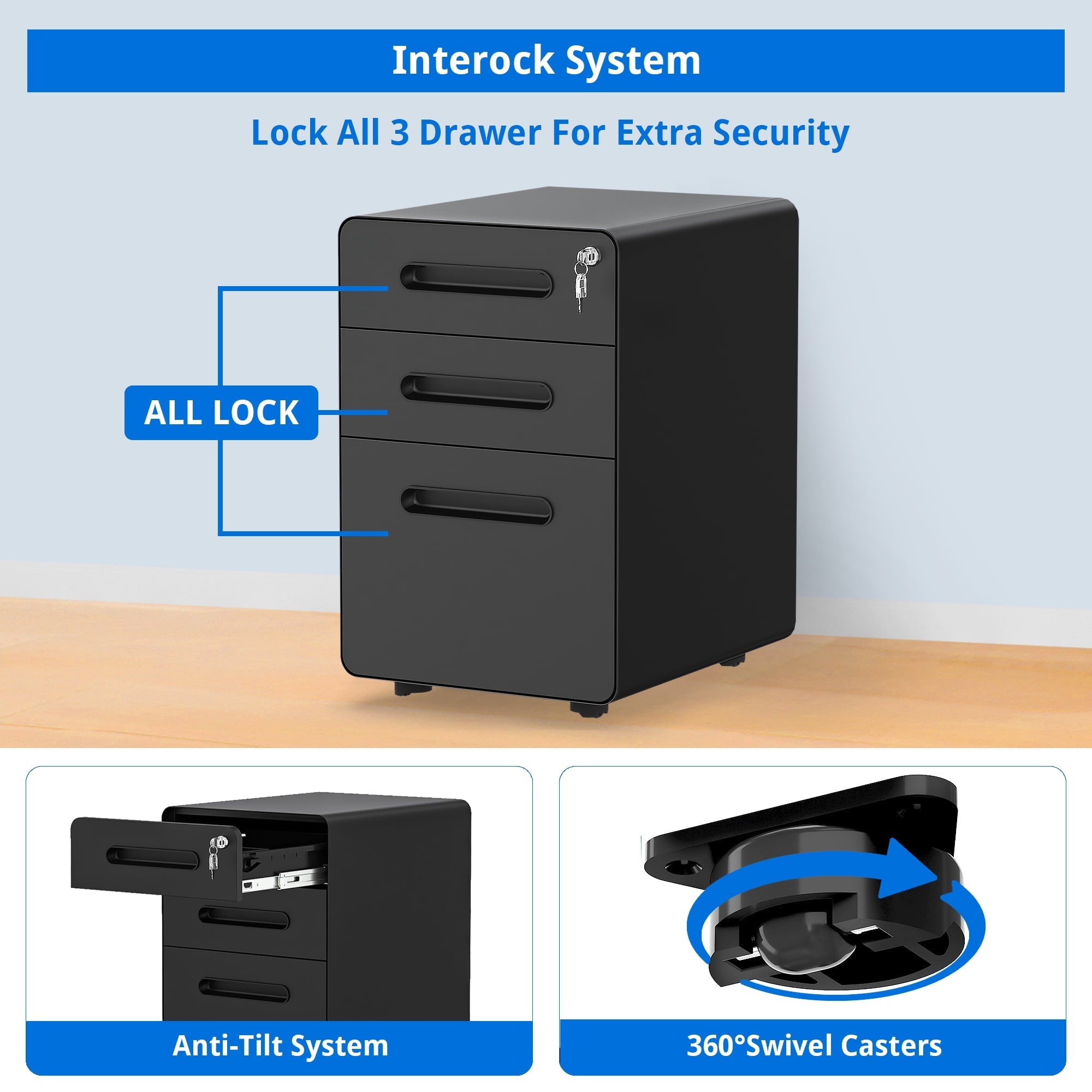 Dextrus 3-Drawer Steel Rolling File Cabinet with Lock Office Filing Organizer Under Desk