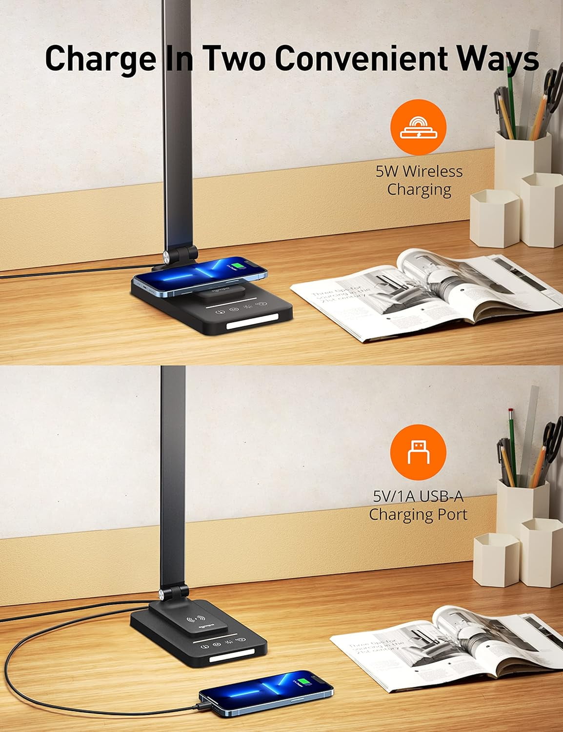TaoTronics Desk Lamp, Reading Light with Wireless Charger, Dimmable Lamp with 5 Lighting Modes 5 Brightness Levels,60 Min Timer & Touch Control, LED Lights for Bedroom, Black