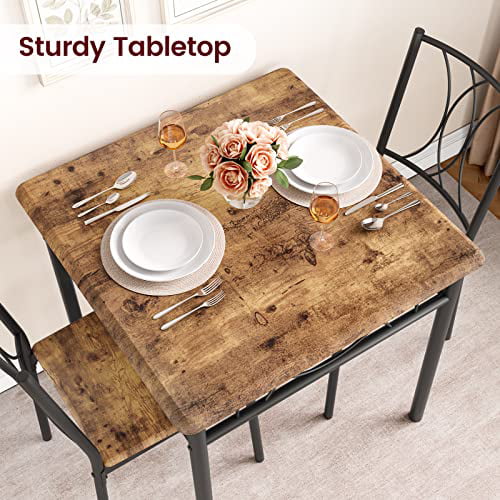 3 Piece Kitchen Table Set, Dining Table and Chairs for 2, Metal and Wood Square Dining Room Table Set with 2 Upholstered Chairs, Kitchen Table Set for Small Space, Apartment, Rustic Brown