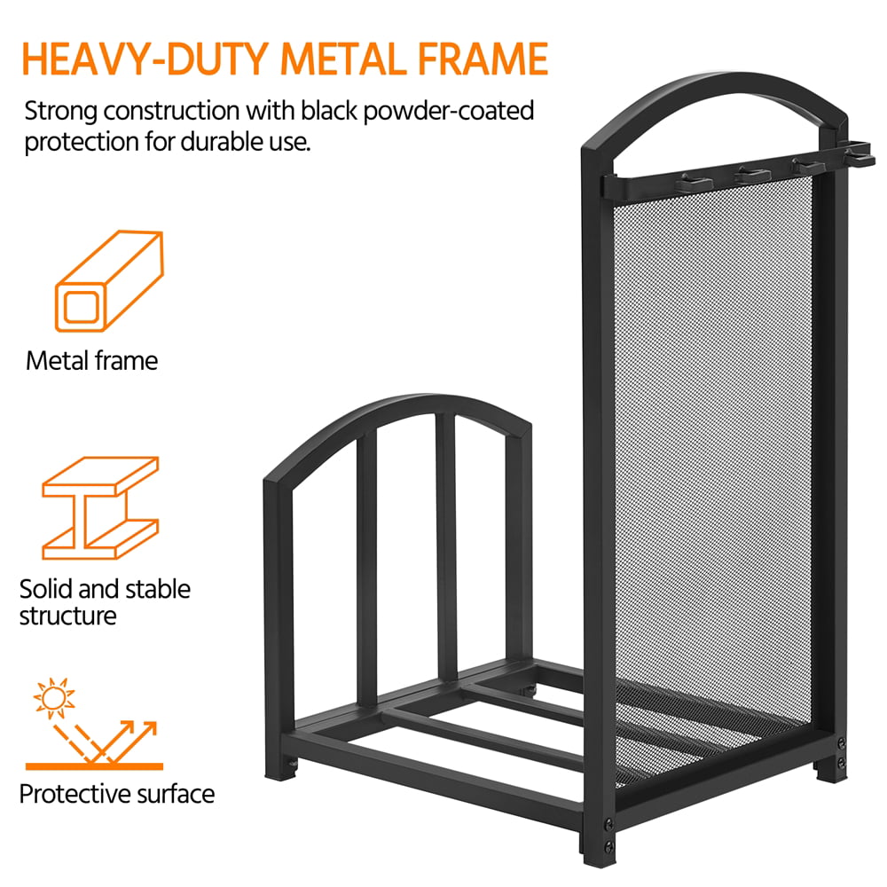 Topeakmart Firewood Rack Firewood Log Holder Rack Fireplace Tool Rack with 4 Tools, Black