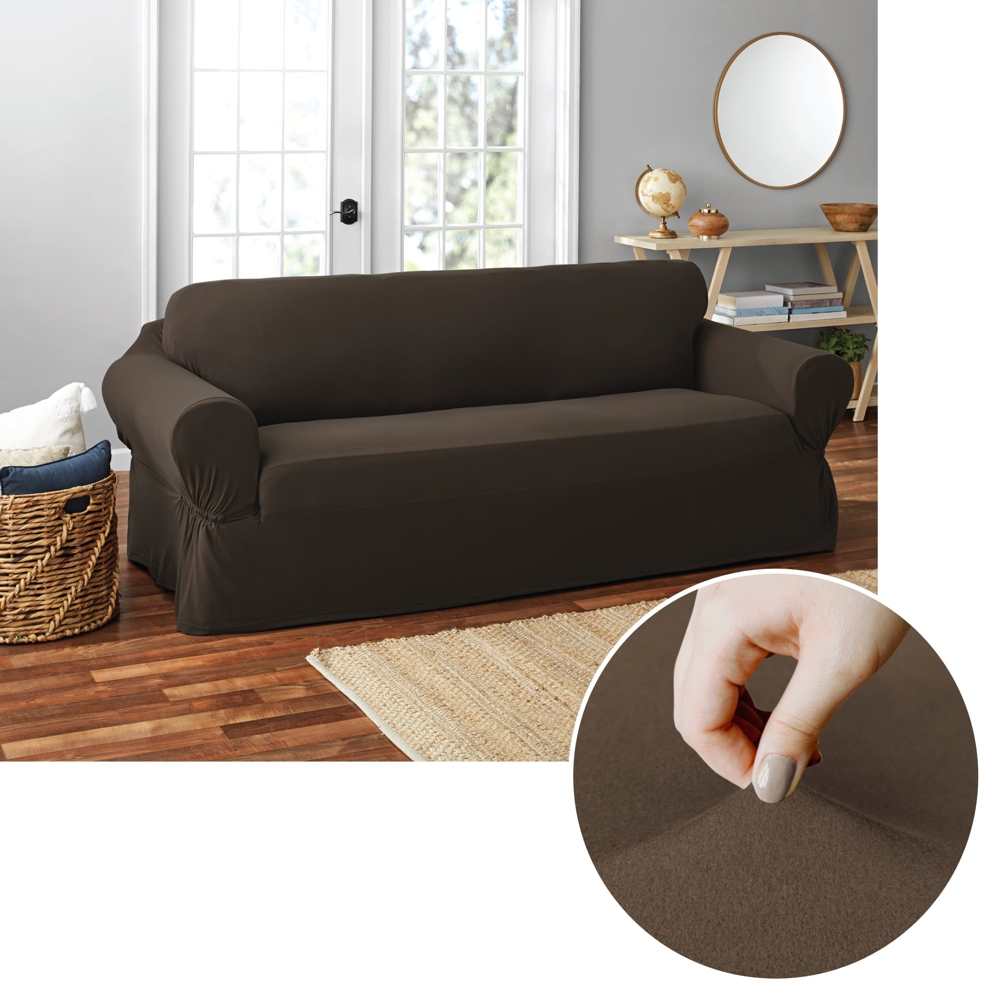 Mainstays Soft Touch Stretch Fabric Sofa Slipcover, Brown, 1-Piece