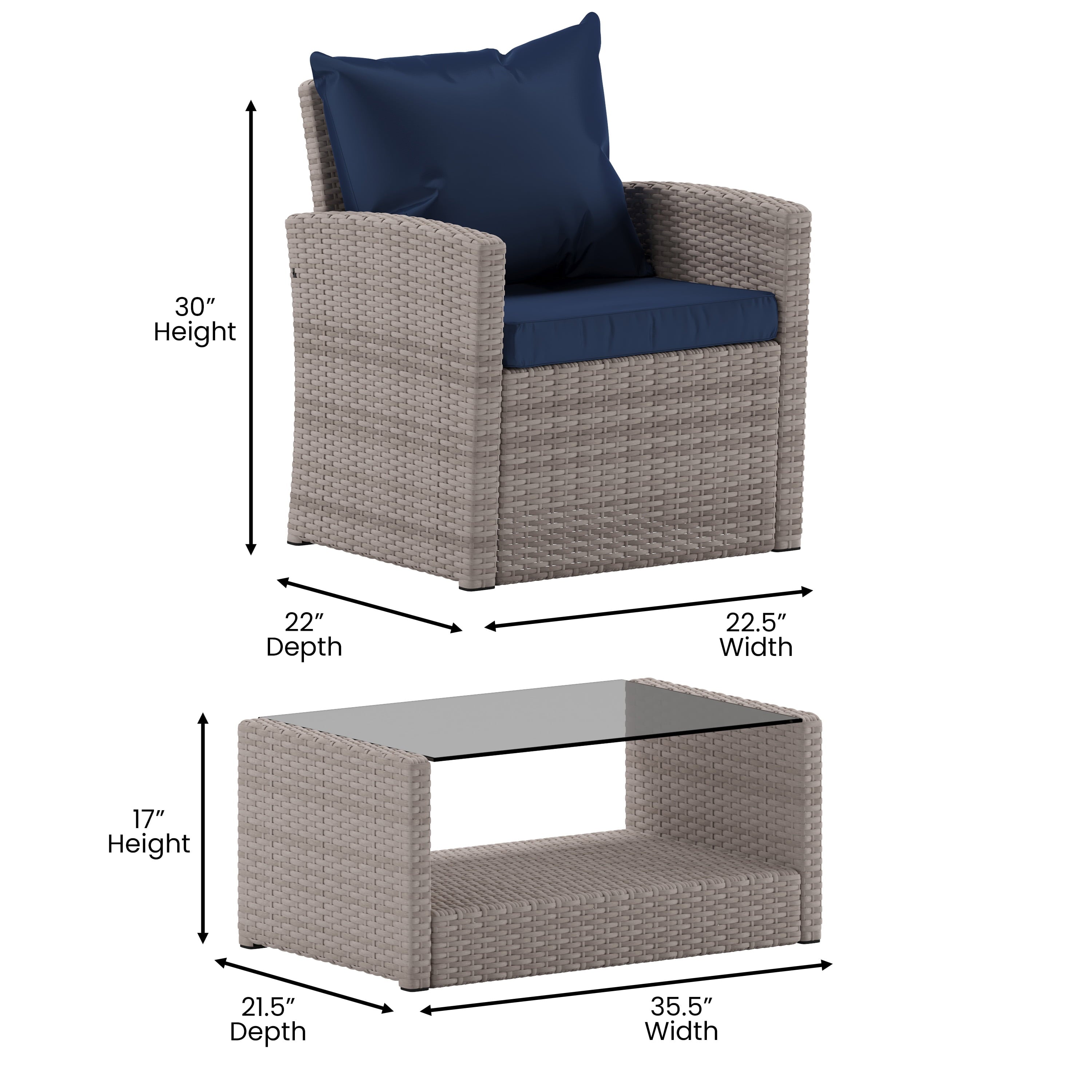 Flash Furniture Aransas Series 4 Piece Light Gray Patio Set with Navy Back Pillows and Seat Cushions