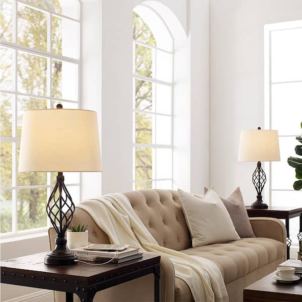 28 in. Bronze USB Table Lamp with White Linen Shade