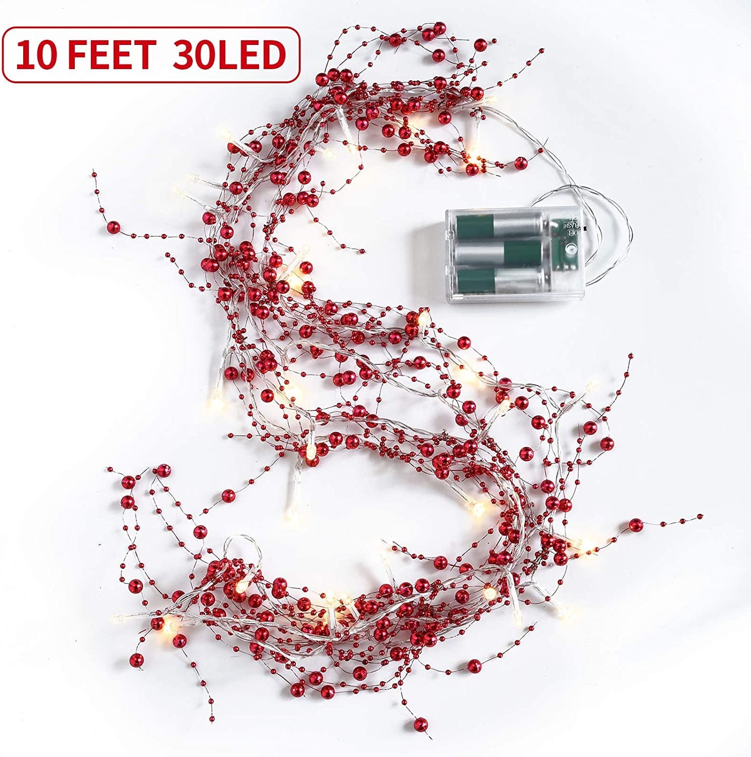 10 Feet 30 LED Christmas String Light Metal Berry Beaded Garland Indoor for Fireplace Mantel Indoor Xmas Tree Christmas Decorations(Red)