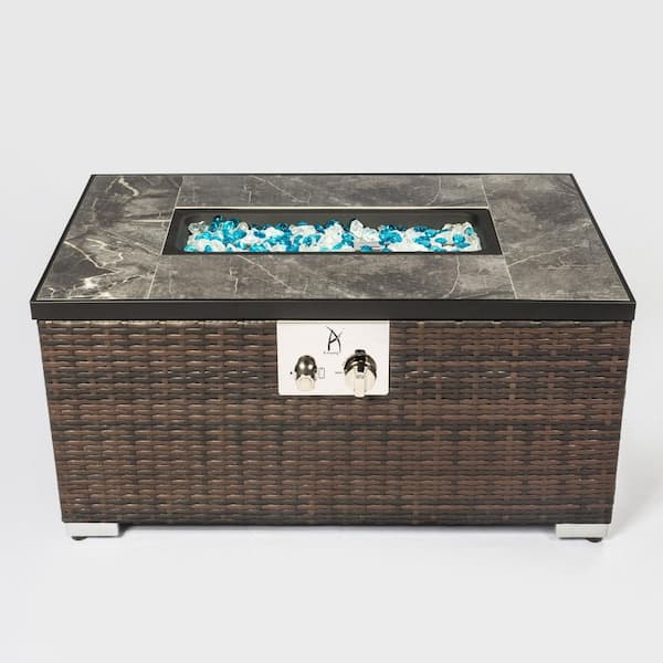 50,000 BTU Brown Rattan 32 in. Fire Table Gas Fire Pit Table with Tile Tabletop and Waterproof Rain Cover