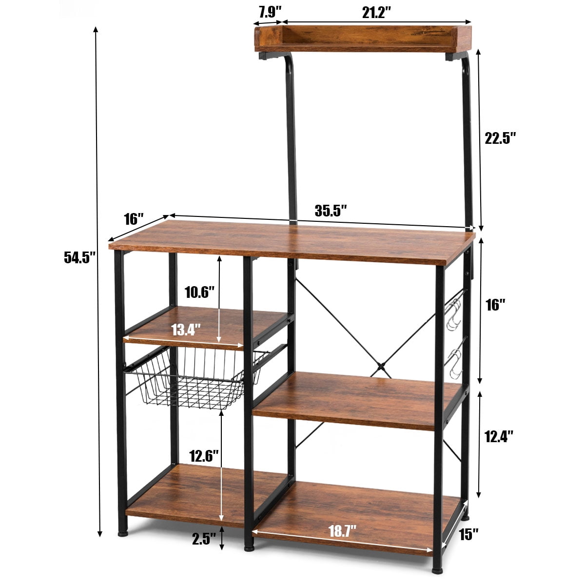 Costway 4-Tier Vintage Kitchen Baker's Rack Utility Microwave Stand w/ Basket & 5 Hooks Brown