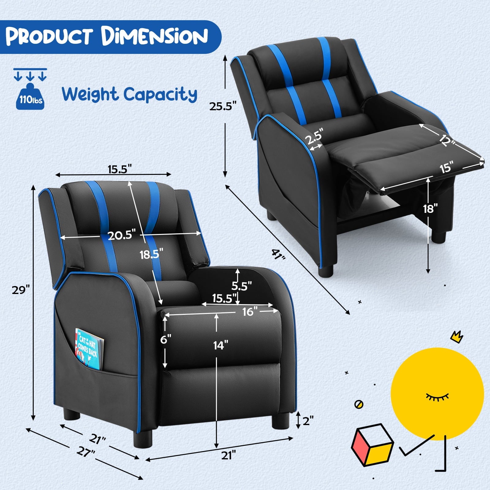 Infans Kids Recliner Chair Ergonomic Leather Sofa Armchair w/Footrest Side Pocket Blue