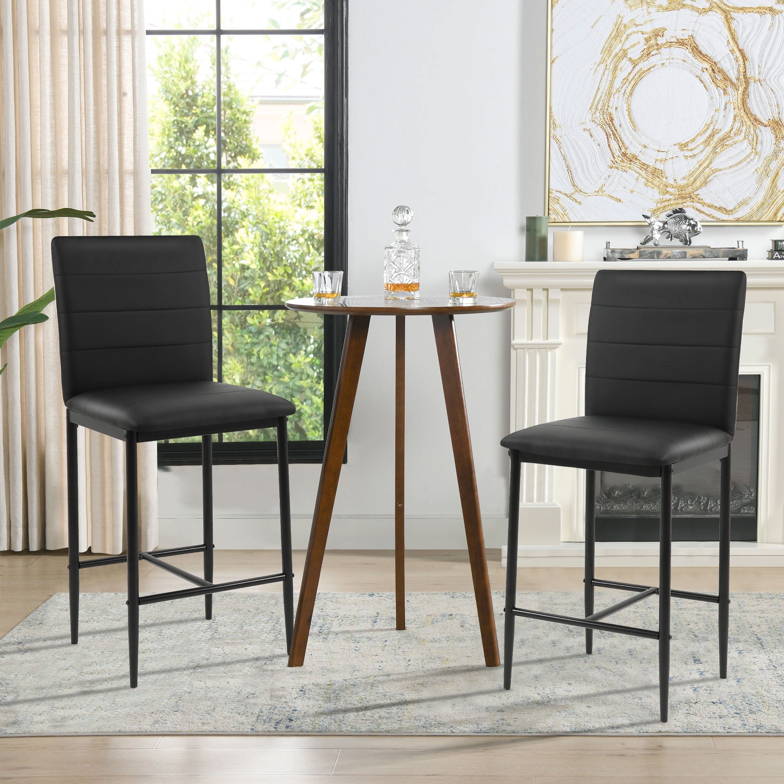 Surmoby Bar Stools Set of 2,Faux Leather Counter Height Bar Stools Set of 2,Industrial Stool Chairs with Back and Footrest,Black