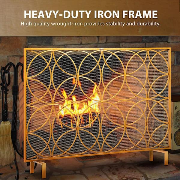 Golden Wrought Iron Mesh Single-Panel Fireplace Screen