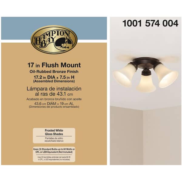 17.5 in. 3-Light Oil-Rubbed Bronze Flush Mount with Bell Shaped Frosted Glass Shades