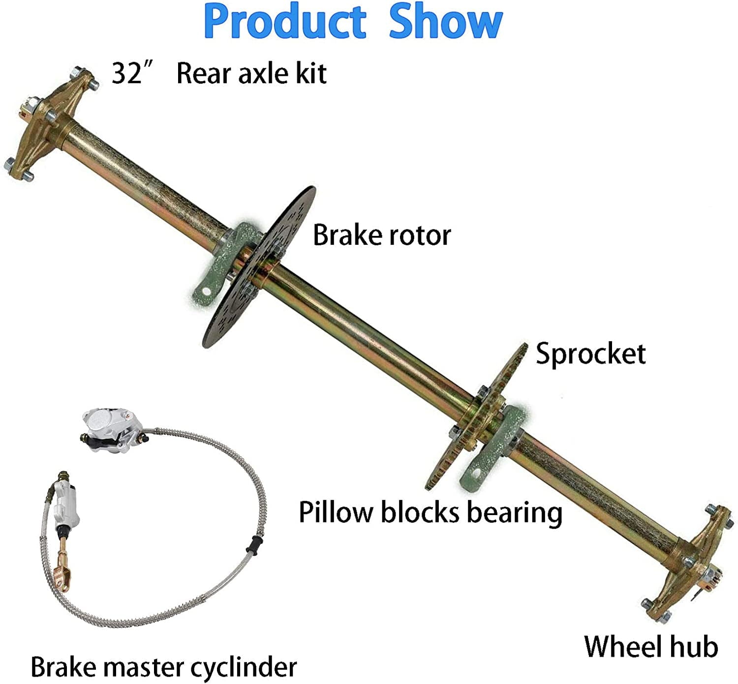 SEBLAFF 32 Rear Axle Kit + Brake Assembly +Sprocket Hub Replacement for DIY rebuild Go Kart ATV Quad Drift Trikes