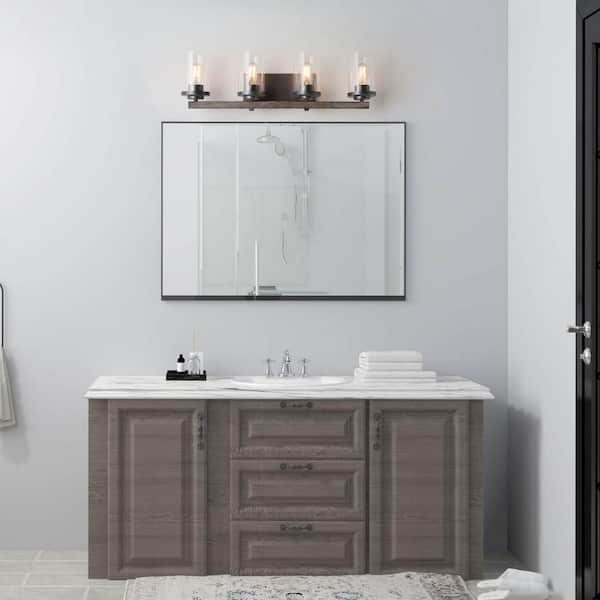 Birdwood 28 in. 4-Light Rust Gray Industrial Bathroom Vanity Light with Brushed Bronze Accents and Clear Glass Shades