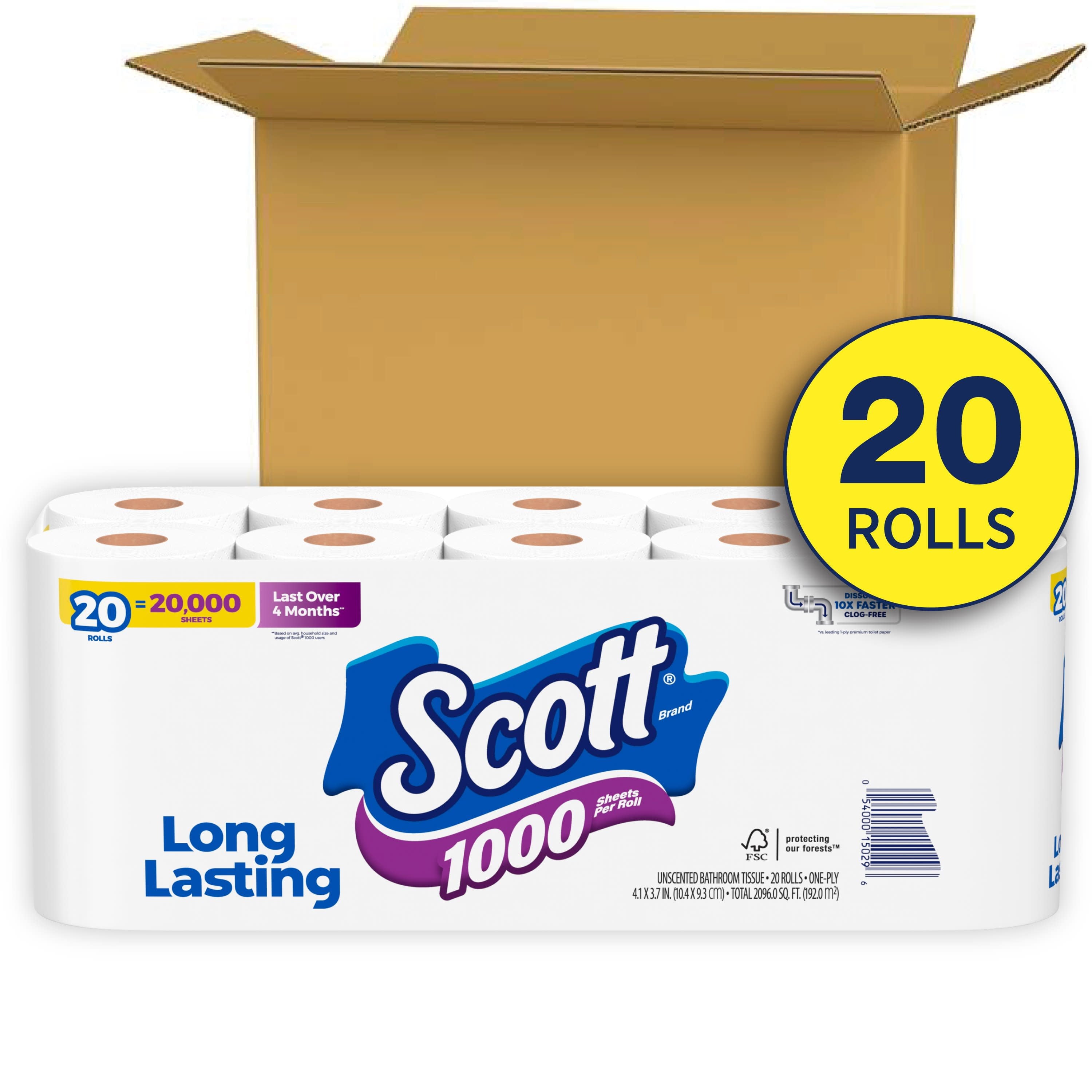 Scott 1000 Toilet Paper, 20 Rolls, 1000 Sheets Per Roll (20000 Sheets Total)