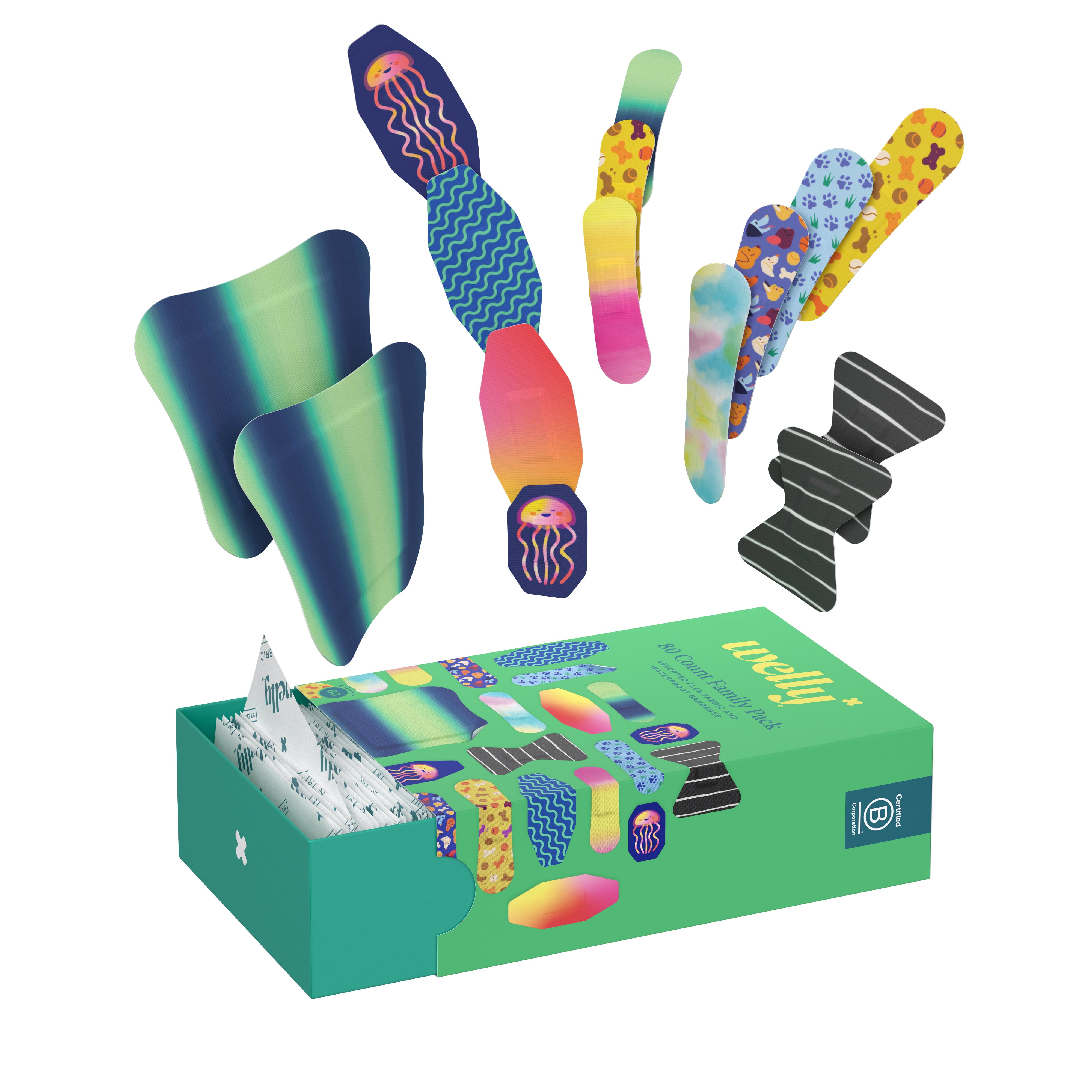 Welly Family Pack Adhesive Flex Fabric and Waterproof Bandages, Assorted, 80 Count