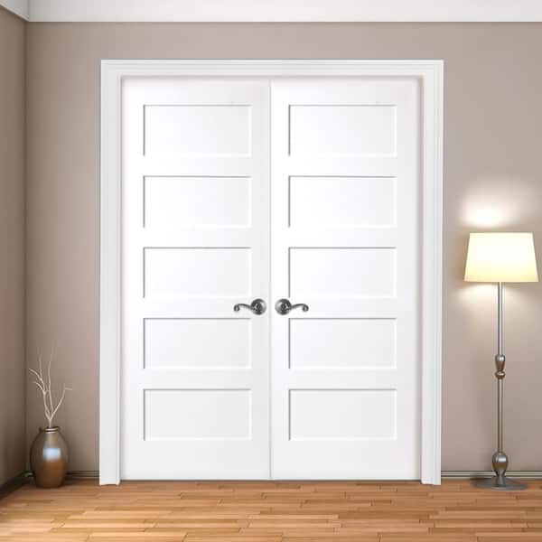 60 in. x 80 in. 5-Panel Shaker White Primed Solid Core Wood Double Prehung Interior Door with Bronze Hinges