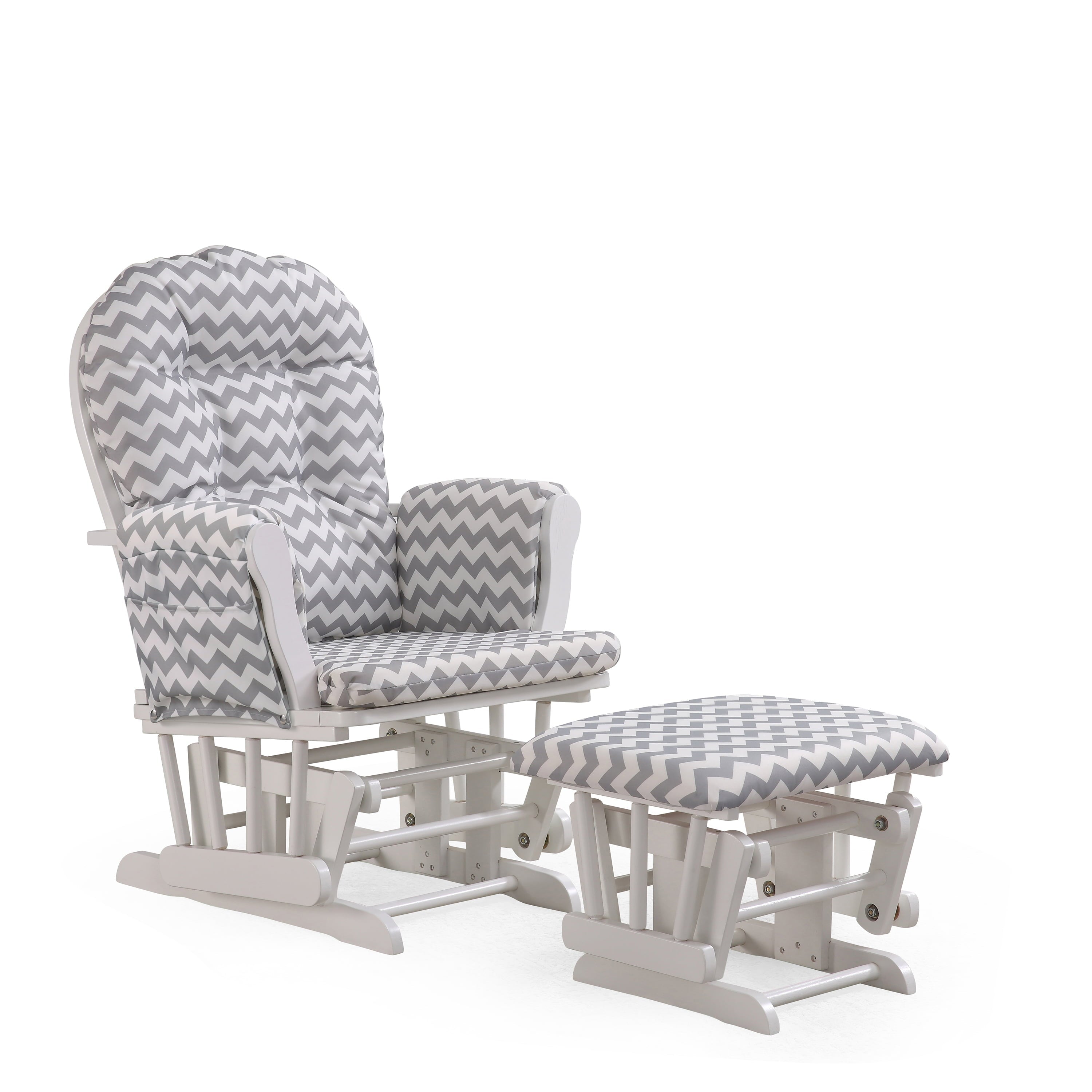 Willow Glider with Ottoman, White Finish with Gray Chevron Cushions