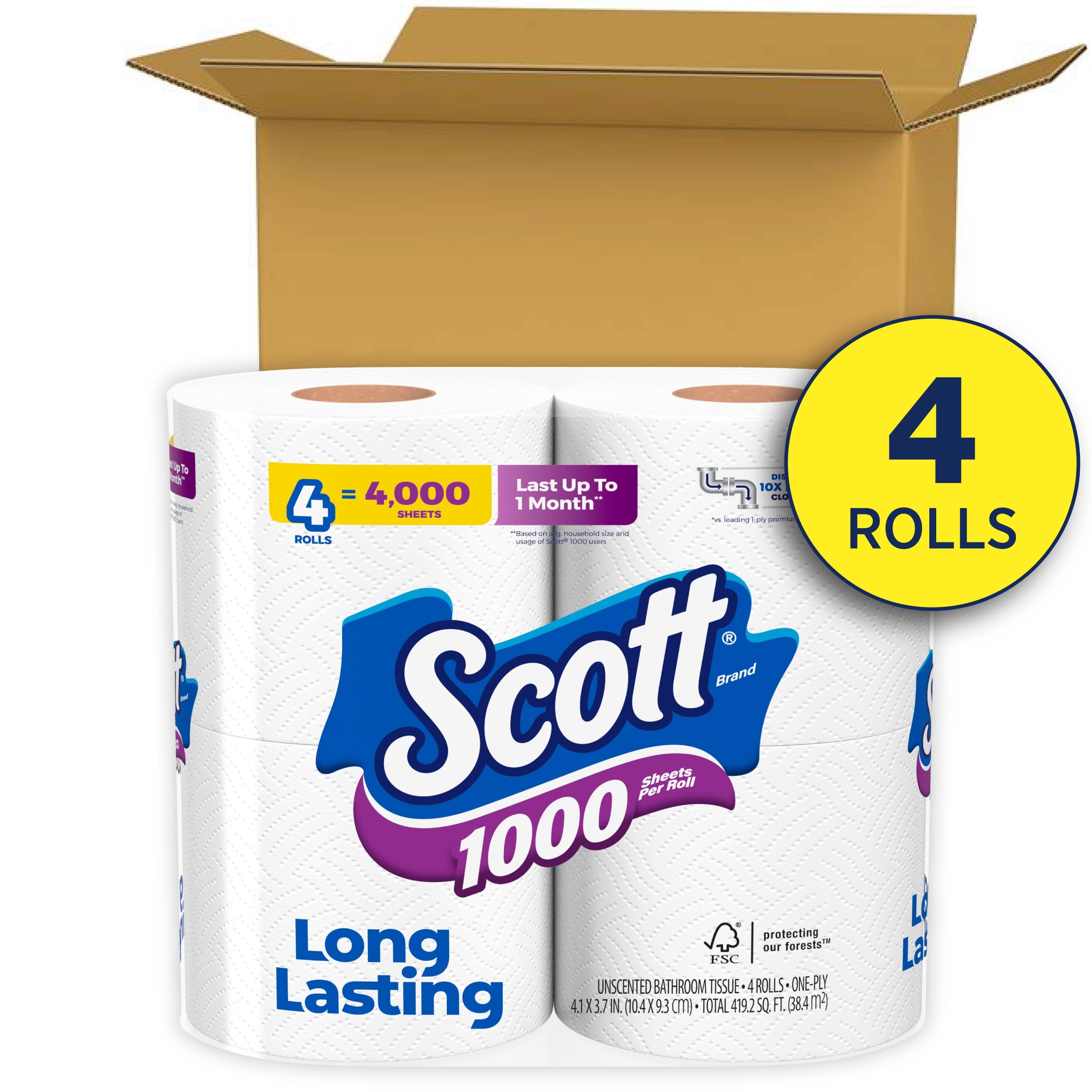 Scott 1000 Toilet Paper, 4 Rolls, 1000 Sheets Per Roll (4000 Sheets Total)