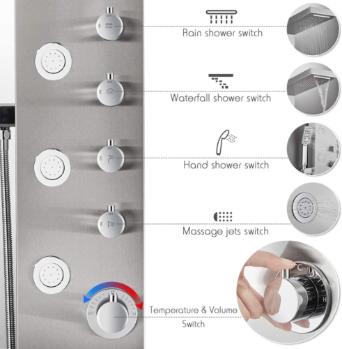 ROVOGO Shower Panel Tower, Rainfall Waterfall Shower Head, 5 Body Jets and 3-Fun