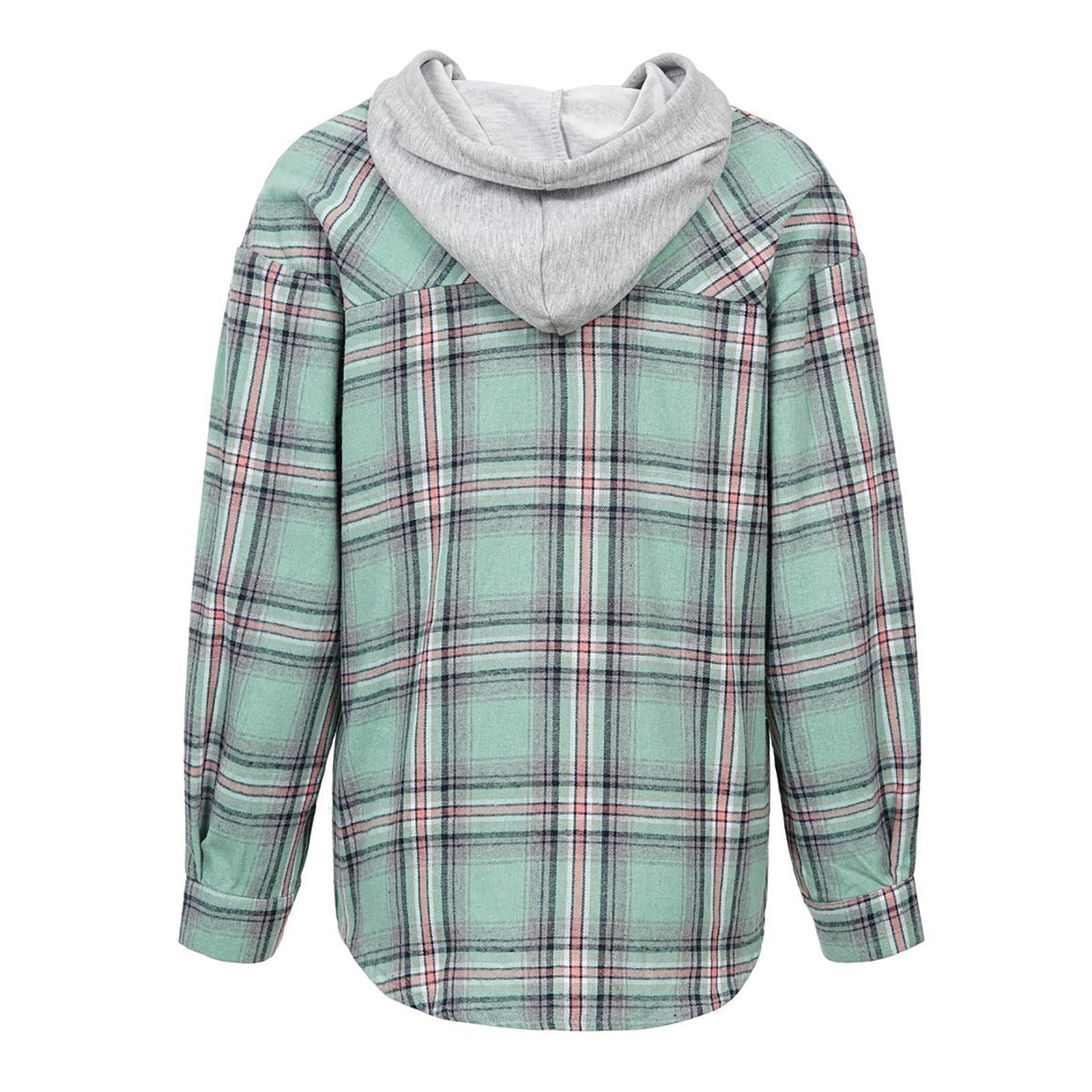 Women's Plaid Button Front Long Sleeve Drawstring Hoodie Jacket,Womens Shacket Jacket Plaid Hooded Shirt Jackets