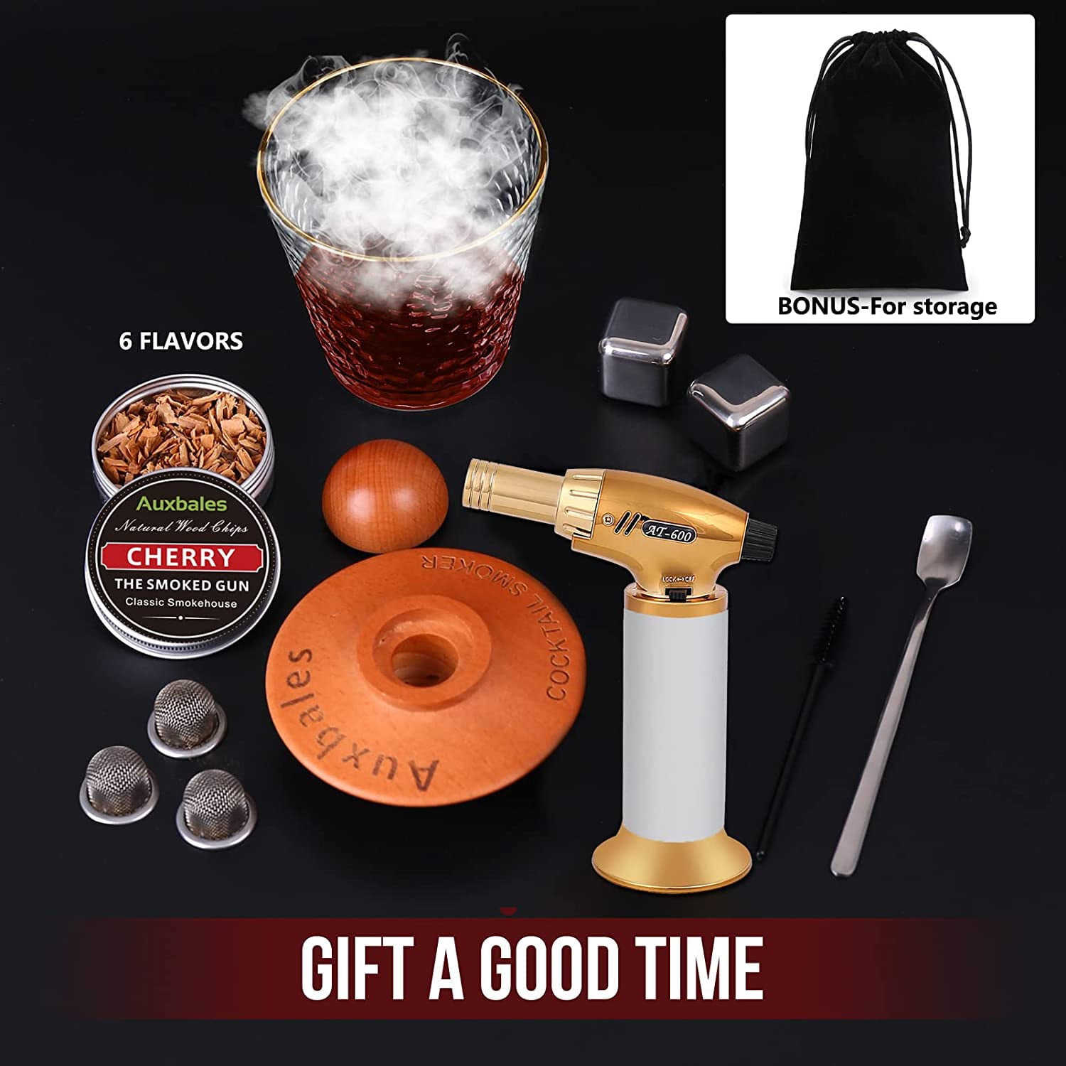 Auxbales Cocktail Smoker Kit with Torch, 6 Flavors Wood Chips, Whiskey Smoker Infuser Kit, Old Fashioned Drink Smoker Kit for gift