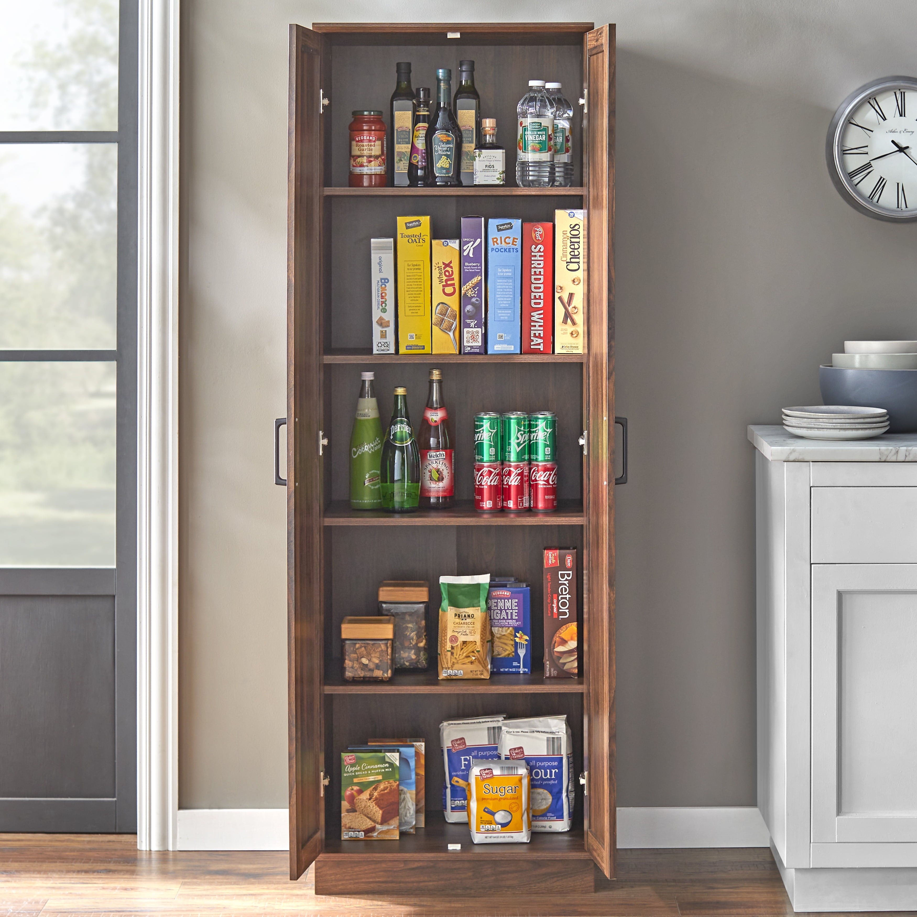 TMS Fletcher Modern Farmhouse Kitchen Pantry Cabinet, Walnut Finish