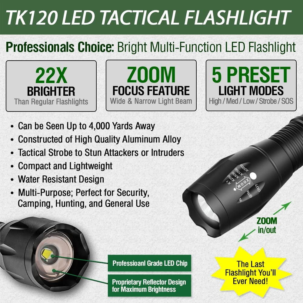 LED Tactical Flashlight - TK120 Handheld Light with 5 Light Modes, Water Resistant, Zoomable - Great Gifts for Men for Camping, Emergency, Everyday (2 Pack)