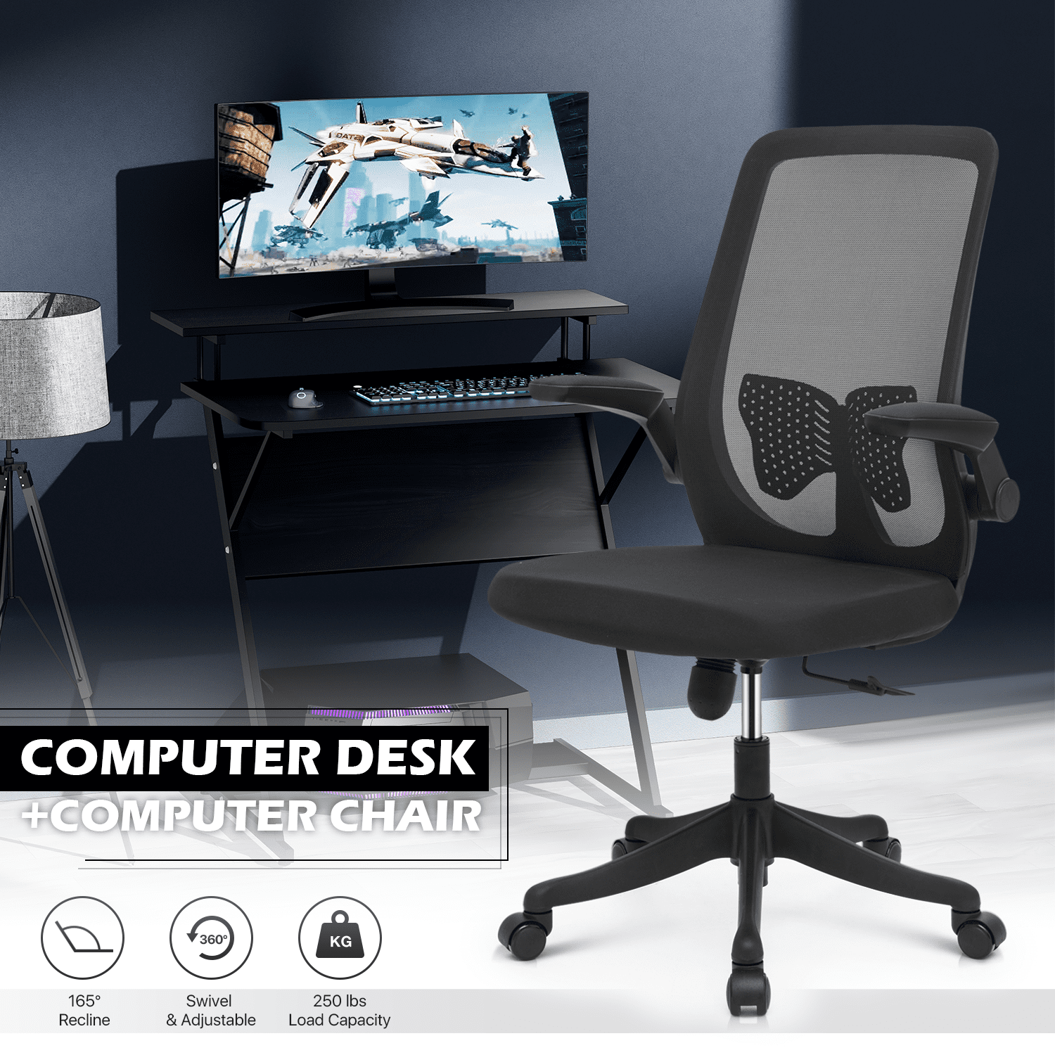 Magshion Computer Desk & Chair Set, Adjustable Height Rolling Office Chair with Flip Up Armrest & 2-Tier Table with Monitor Storage Shelf and Host Rack, Black