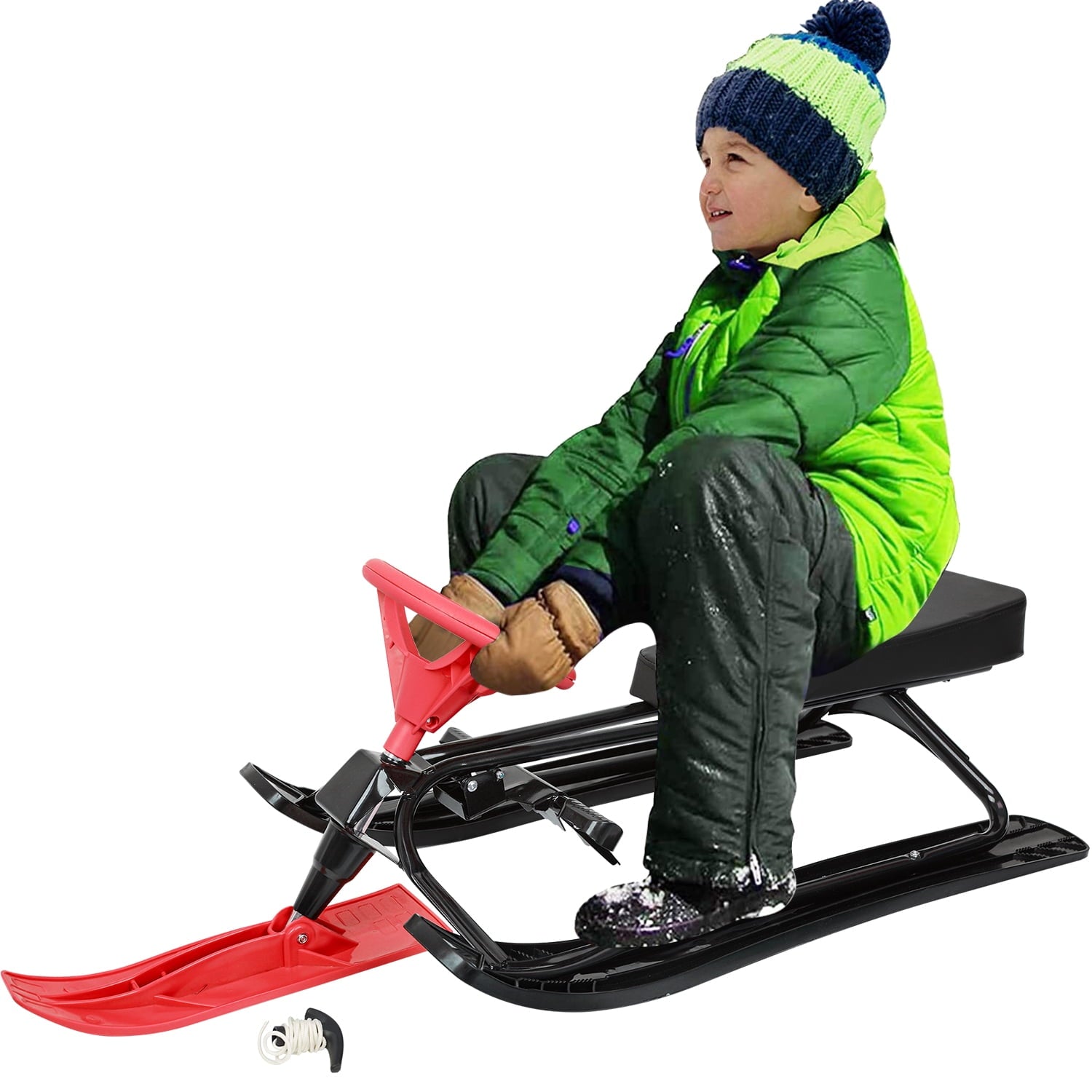 uhomepro Snow Racer Sled, Ski Sled with Steering Wheel, Twin Brakes, Durable Steel Frame, Classic Downhill Steerable Sled for Kids Toddlers Sports Toy, Weight Capacity of 220 LBS, Red