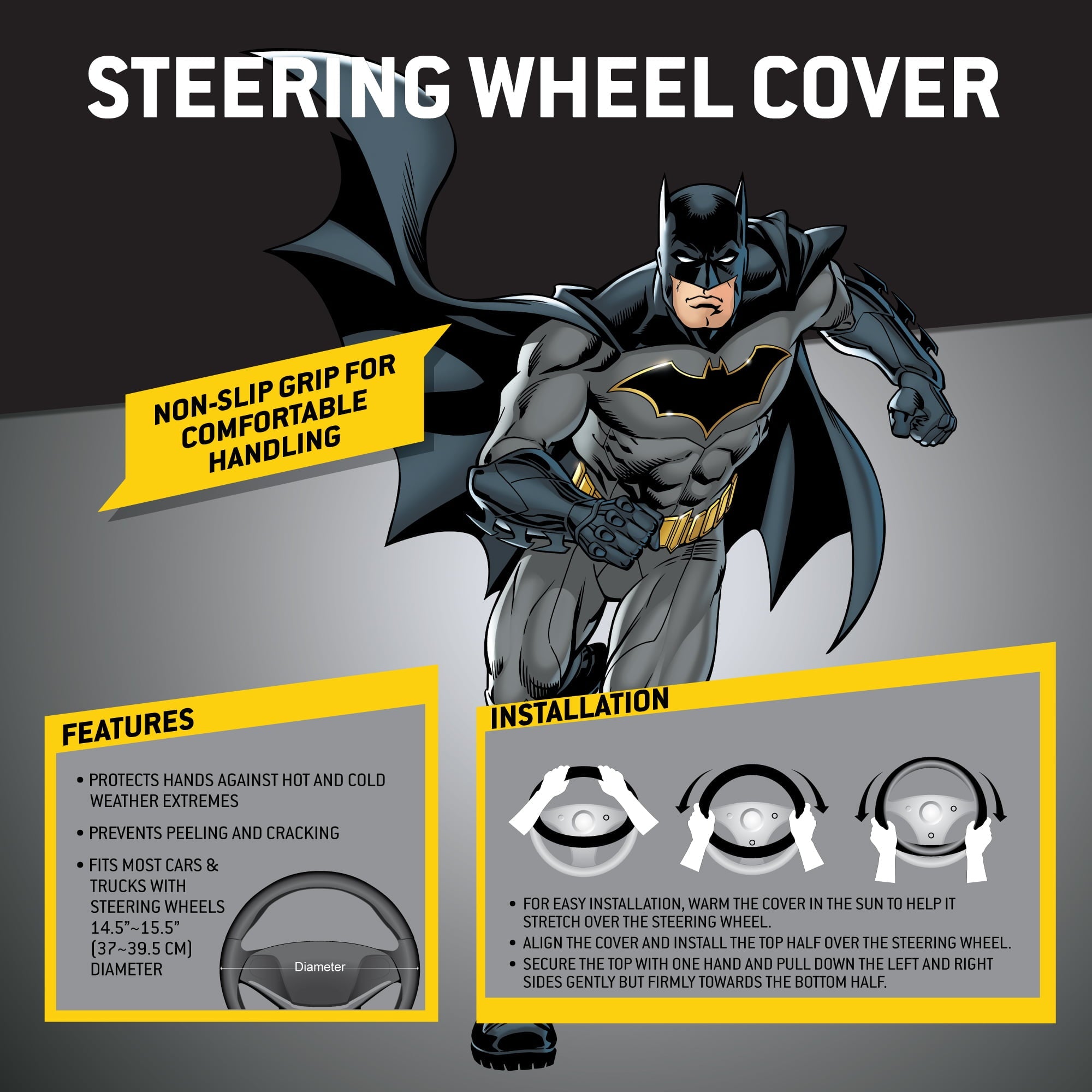 Batman Car Steering Wheel Cover - Universal Fit Steering Wheel Cover with Officially Licensed Warner Brothers Graphics, Great Automotive Accessory Gift Idea for Fans
