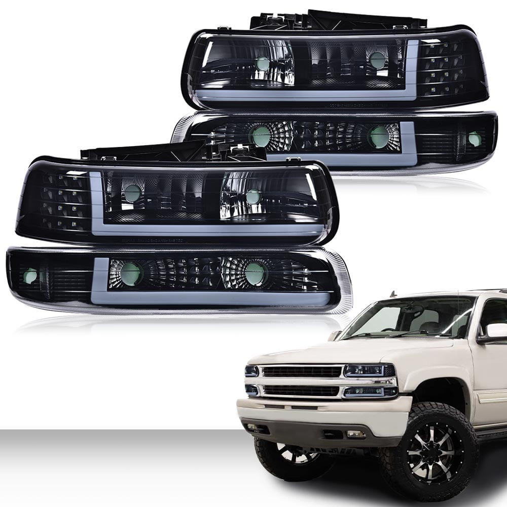 G-Plus LED DRL Headlights+Bumper Lamps Smoked Fit for 1999-2002 Chevy Silverado 2000-2006 Tahoe