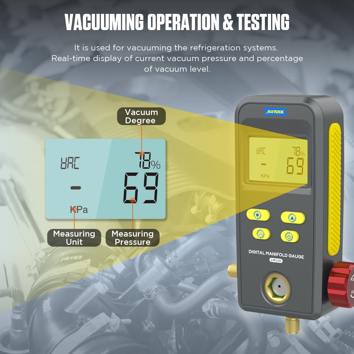 AUTOOL Refrigeration Digital HVAC Vacuum Pressure Manifold Tester, Pressure Gauge, Air-Conditioning HVAC Tools, r134a Refrigerant Recharge Kit, LM110