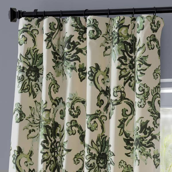 Indonesian Green Printed Cotton Twill 50 in. W x 108 in. L Rod Pocket Room Darkening Curtain (1 Panel)