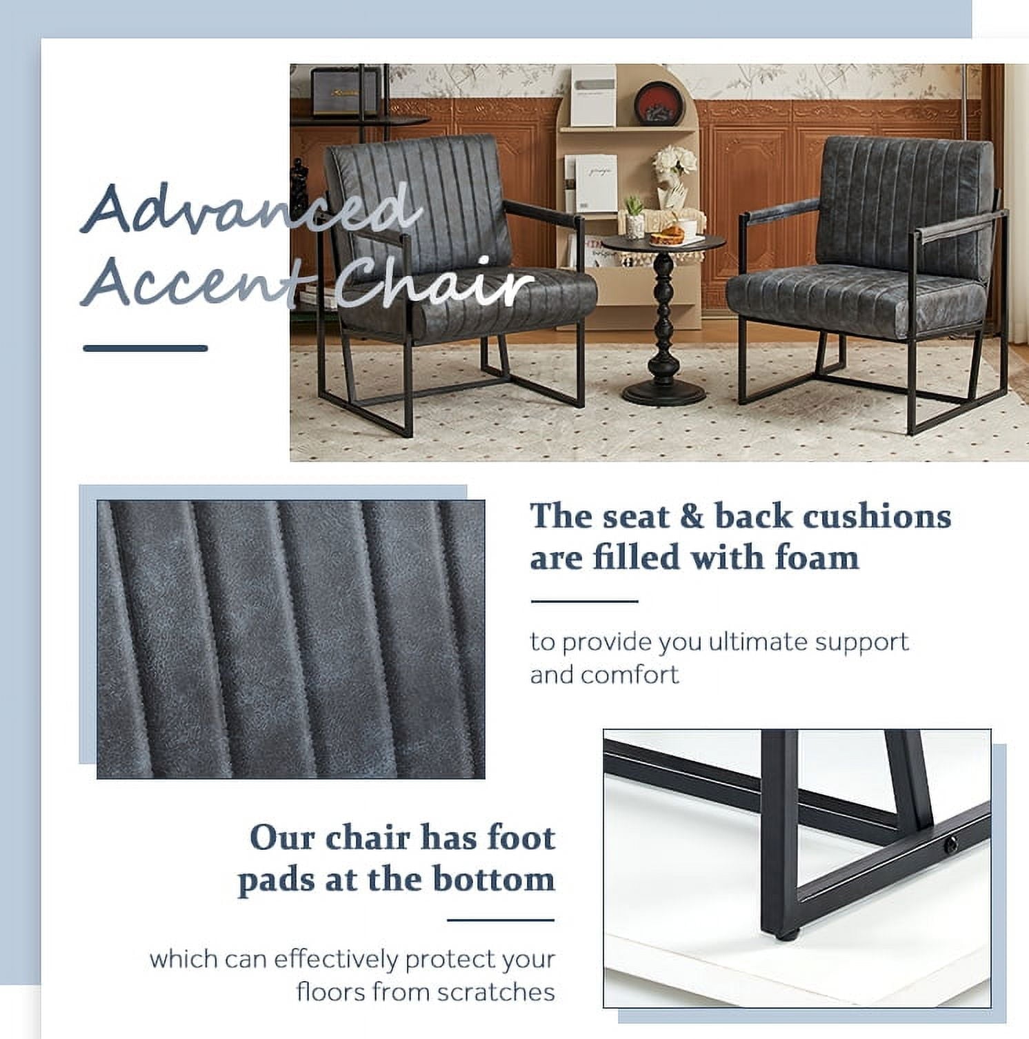 AUSTUFF Leather Accent Chairs Set of 2 with Metal Frame, Gray