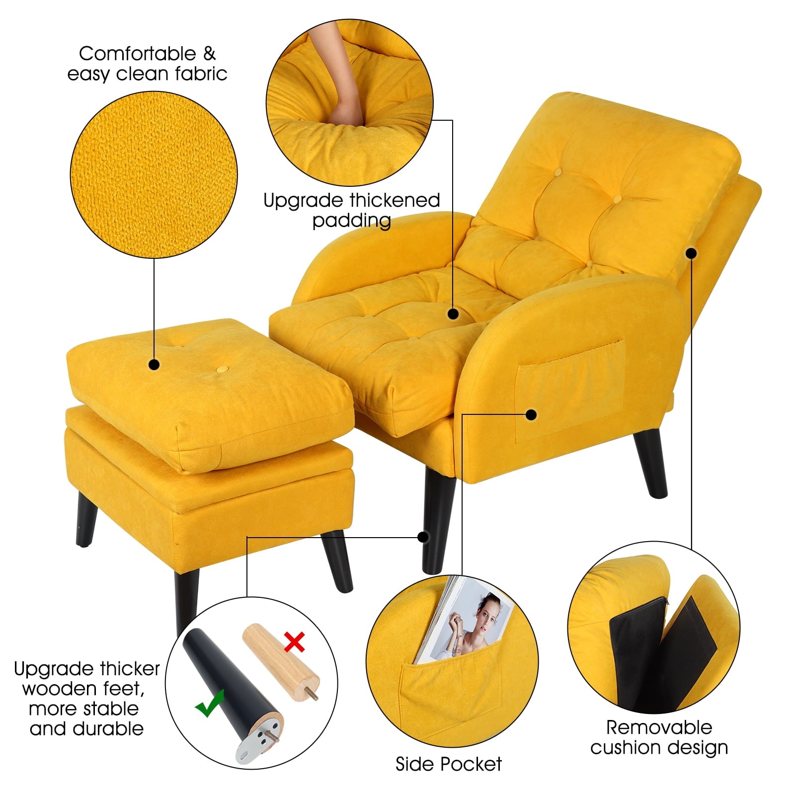 July's Song Accent Chair with Ottoman with Adjustable Backrest,Comfy Read Chair for Living Room with Side Pocket,Recliner Armchair and Ottoman for Bedroom,Yellow