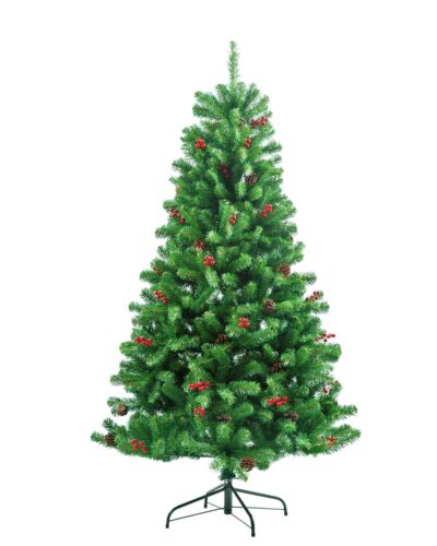 6FT Christmas Tree Pre Lit Bushy LED Decoration Artificial Red Berries Pine Cone