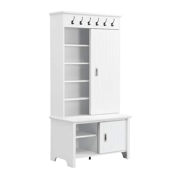 White Multifunctional Hall Tree with 6 Hanging Hooks Sliding Doors Adjustable Shelves and Storage Bench