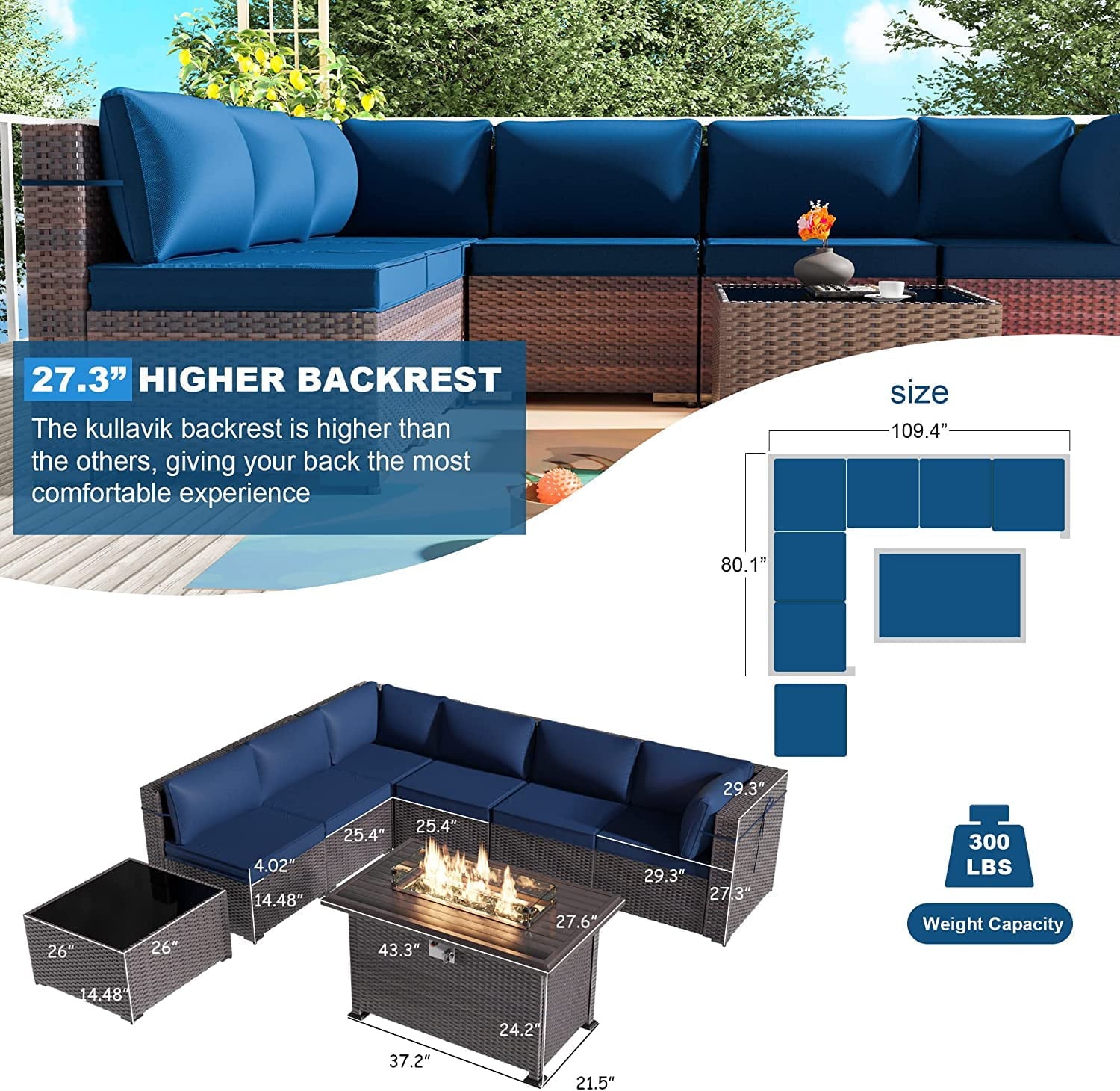 Kullavik Patio Furniture Set PE Rattan Auto-Ignition Propane Fire Pit Windshield Coffee Table Navy Blue